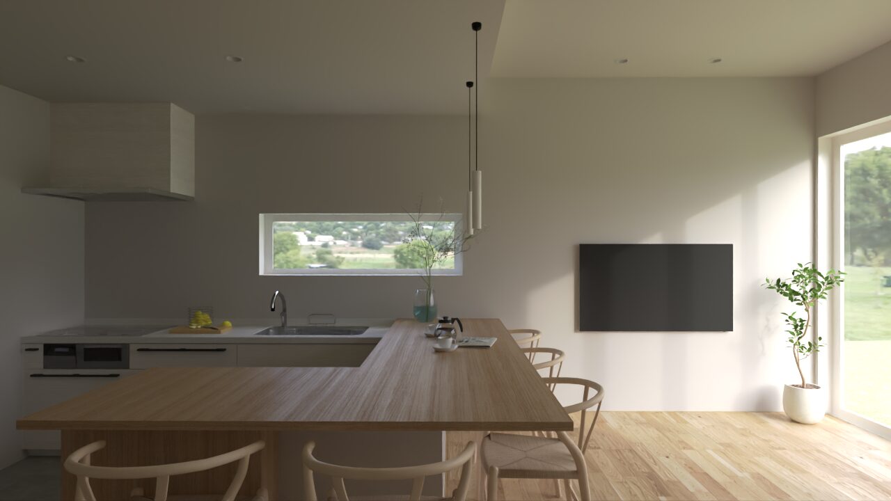 コの字型キッチン＋カウンターは、
料理を囲みながら"顔が見える"団らんの場に。