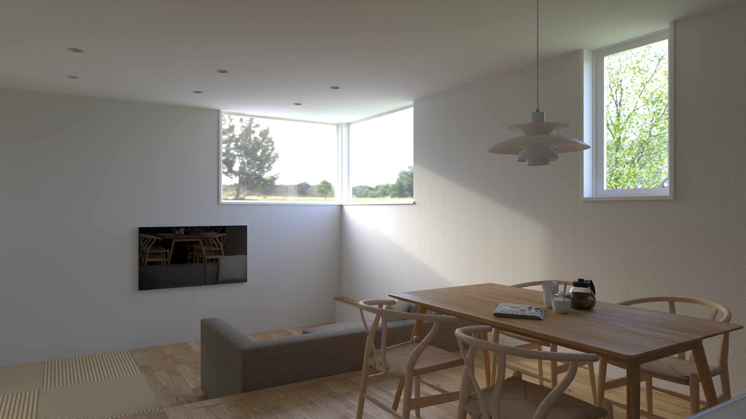 リビング角のサッシが開放感を演出