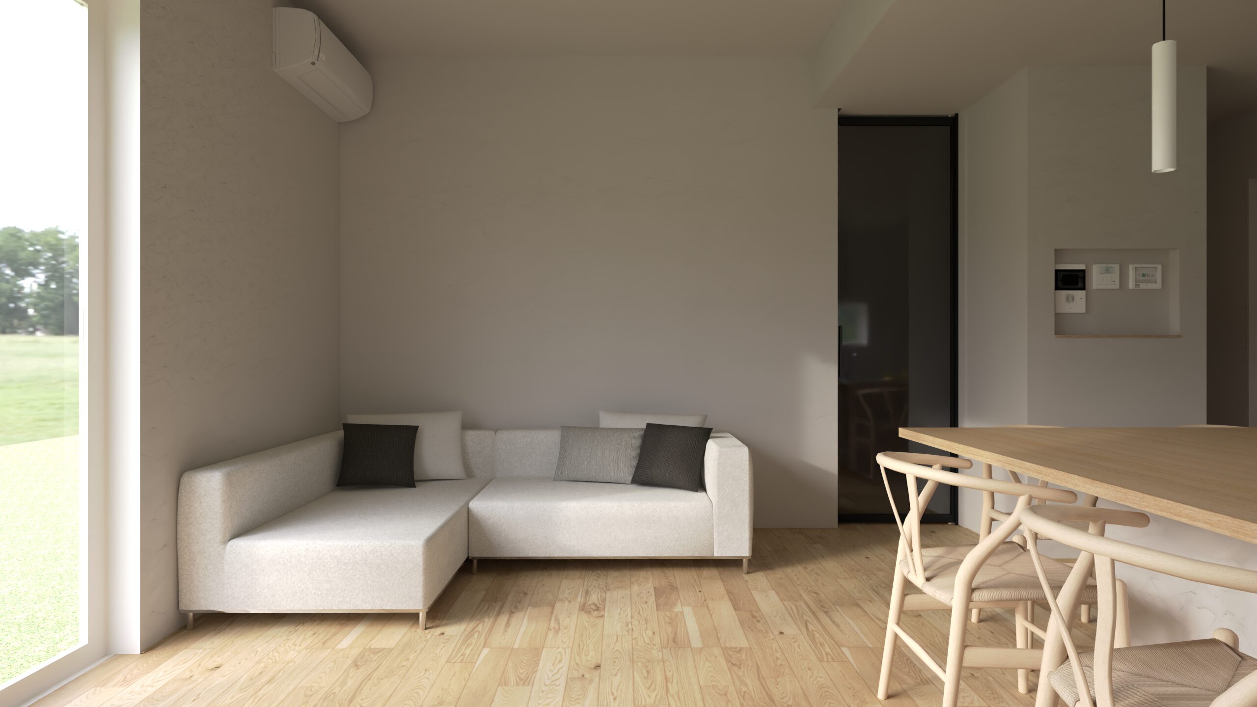 ハイドアとテラス窓で空間を広く見せる演出。