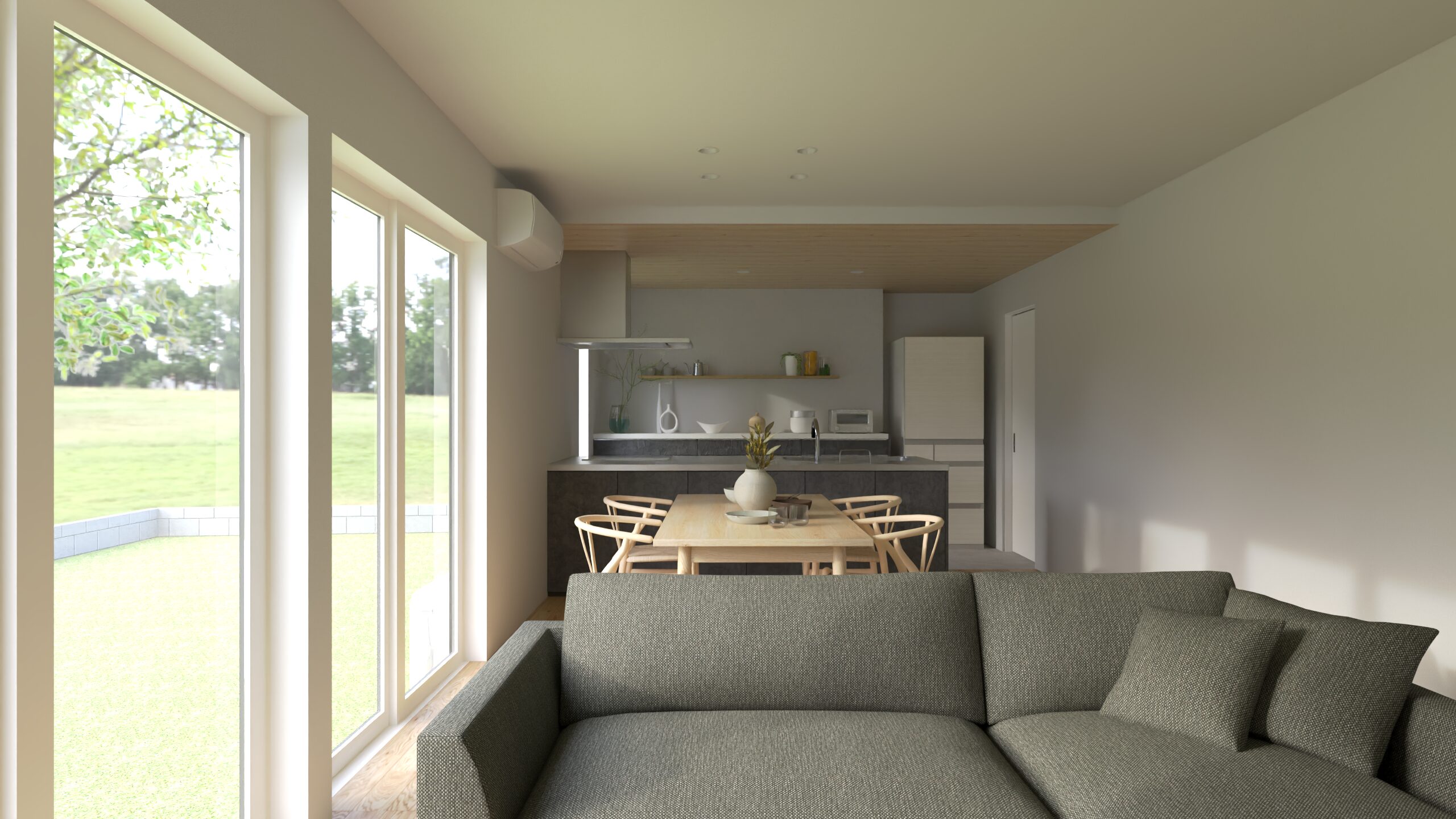 キッチンは木目の下がり天井でアクセントを。