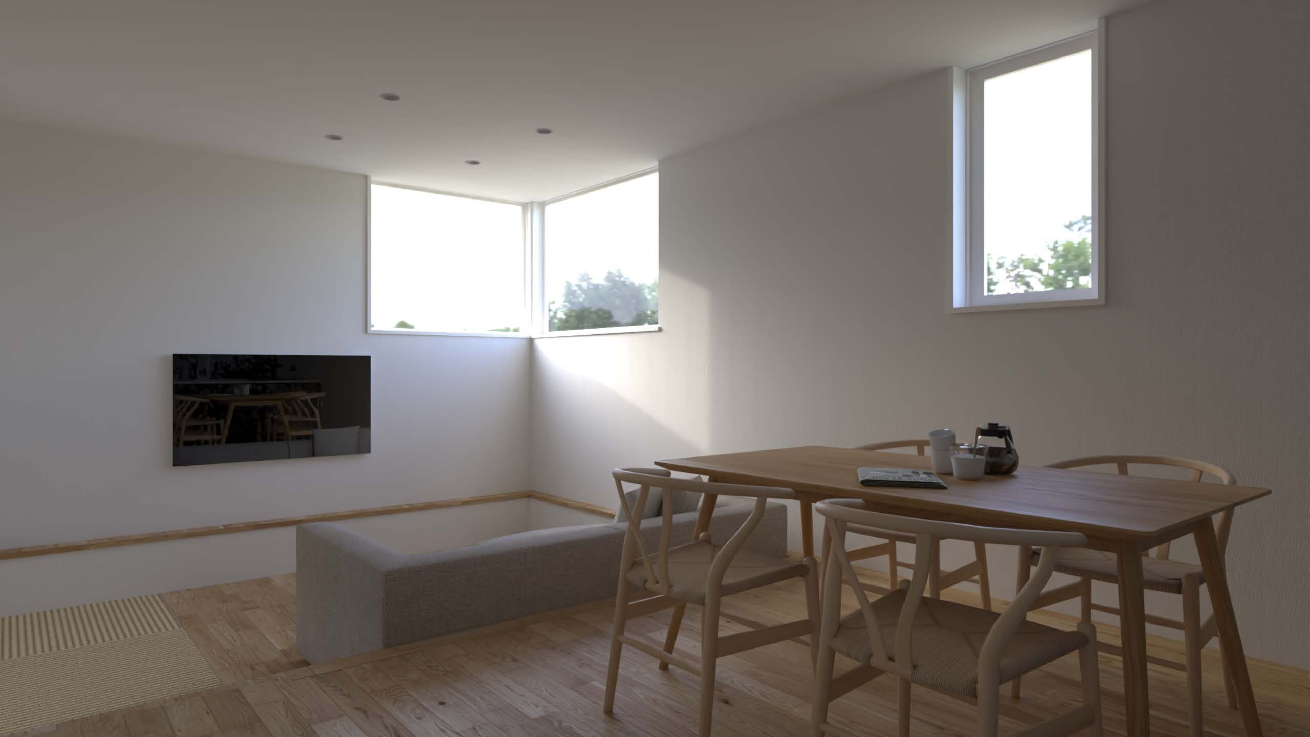 リビング角のサッシが開放感を演出