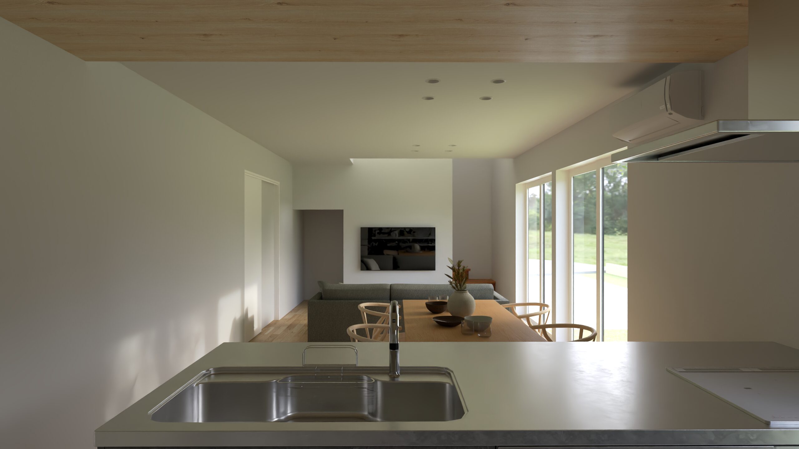 視線が奥まで抜け、空間が広く感じられる直線LDK。