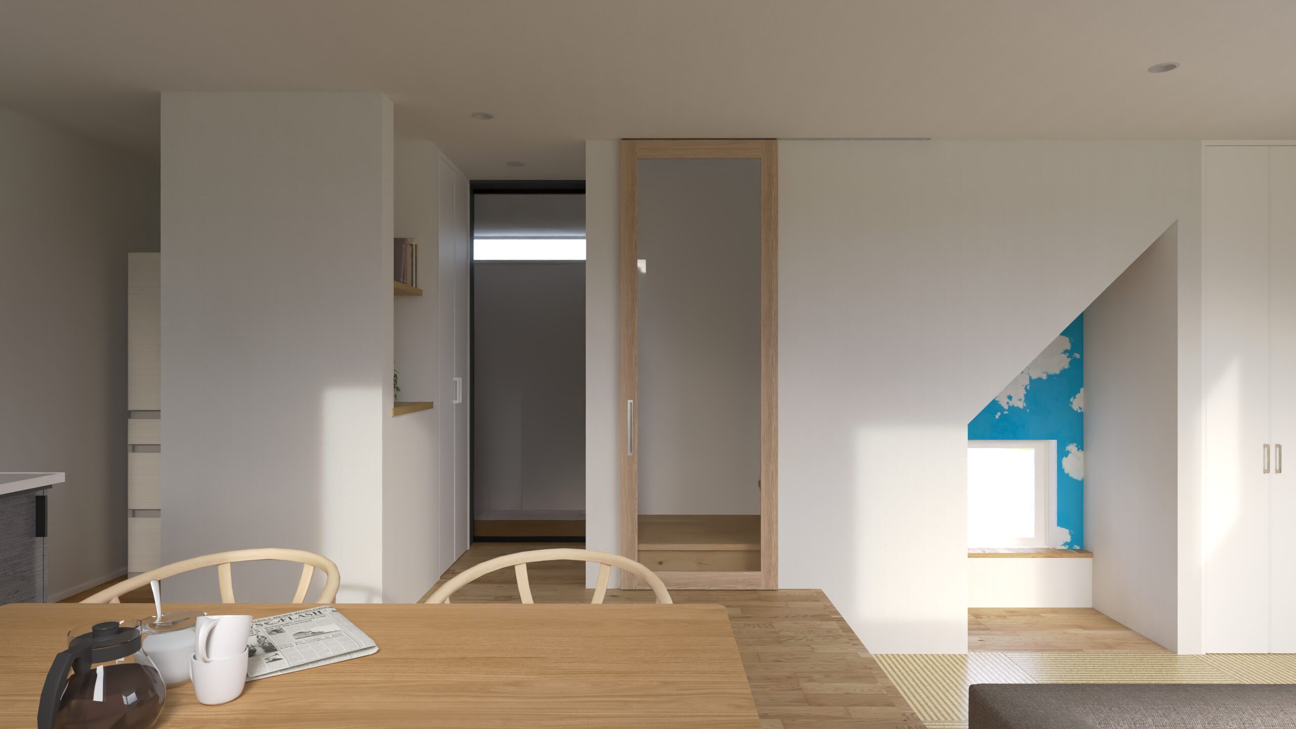 階段の間に建具は、熱を逃がさず冷暖房効率を高めます